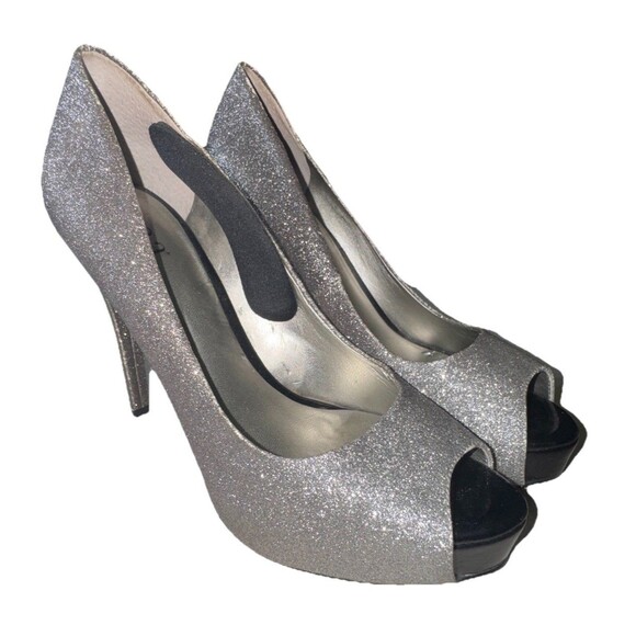 a.n.a Silver Sparkle Glitter Peep Toe Platform Stiletto Heels 7 1/2 - Picture 1 of 9